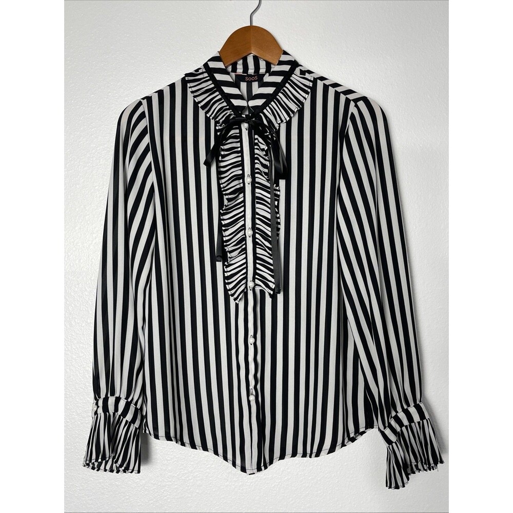 SOOS Korean Fashion Striped Blouse Ruffle Collar & Cuffs Romantic Workwear M